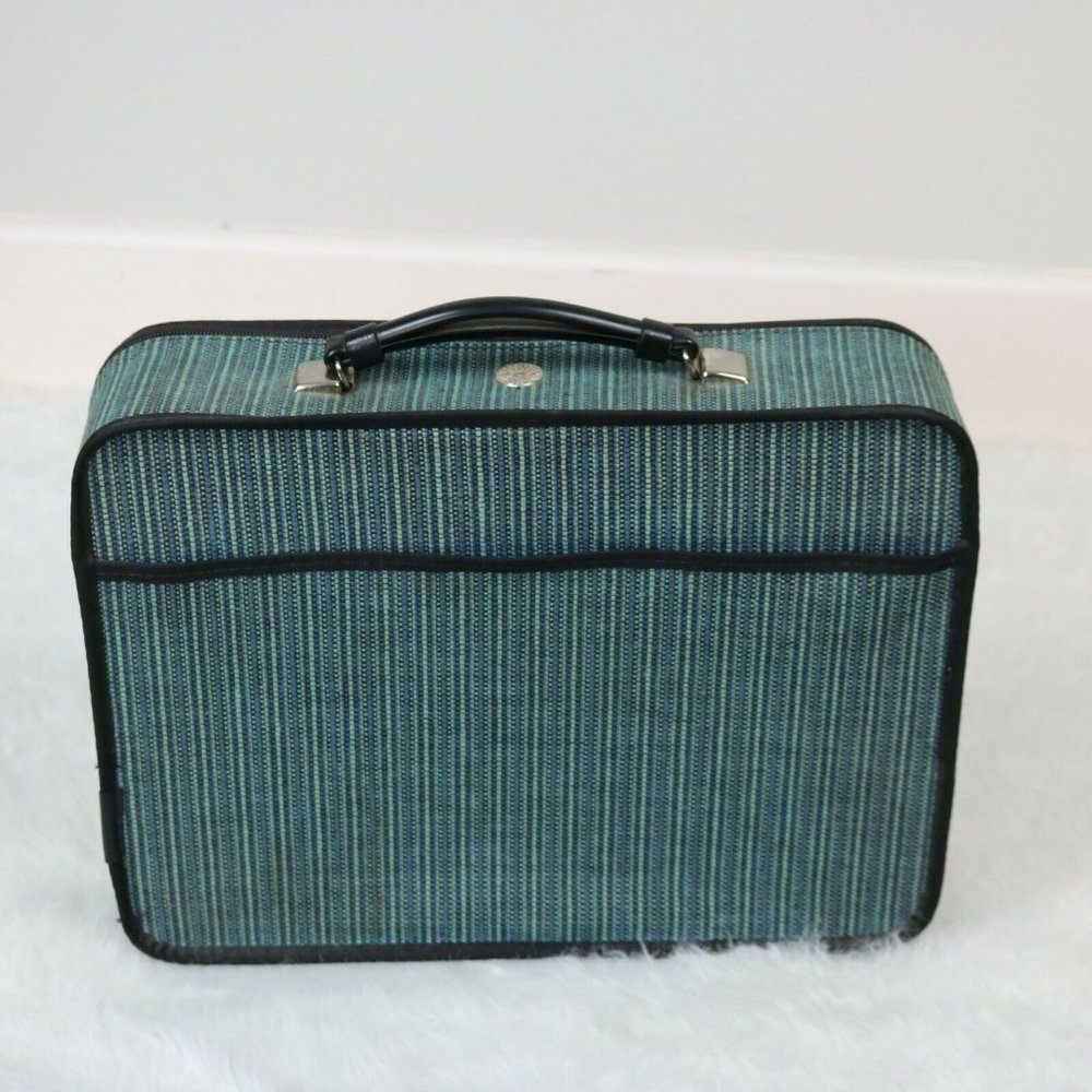 Vintage 1950s/1960's Retro Green/Black Soft Woven Fabric Small Suitcase (Avon?)